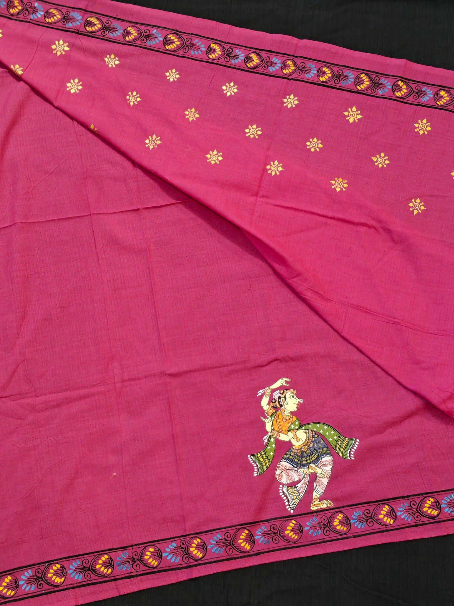 Patachitra hand-painted unstitched blouse piece with back and sleeves design - Handwoven cotton base