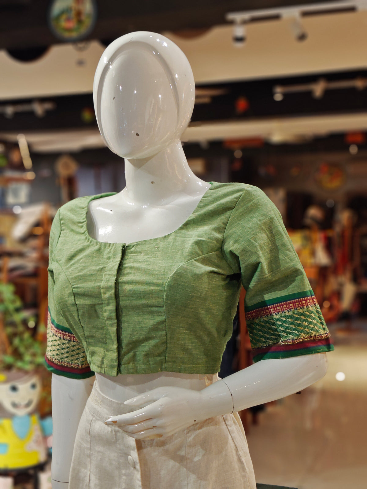 Green elbow sleeves cotton blouse with contrasting borders on sleeves