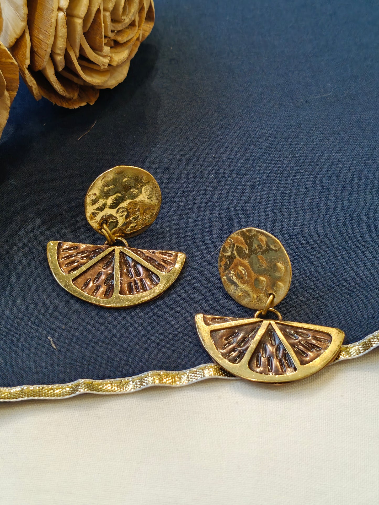 Citrus slice design with circle handcrafted copper brass stud earrings