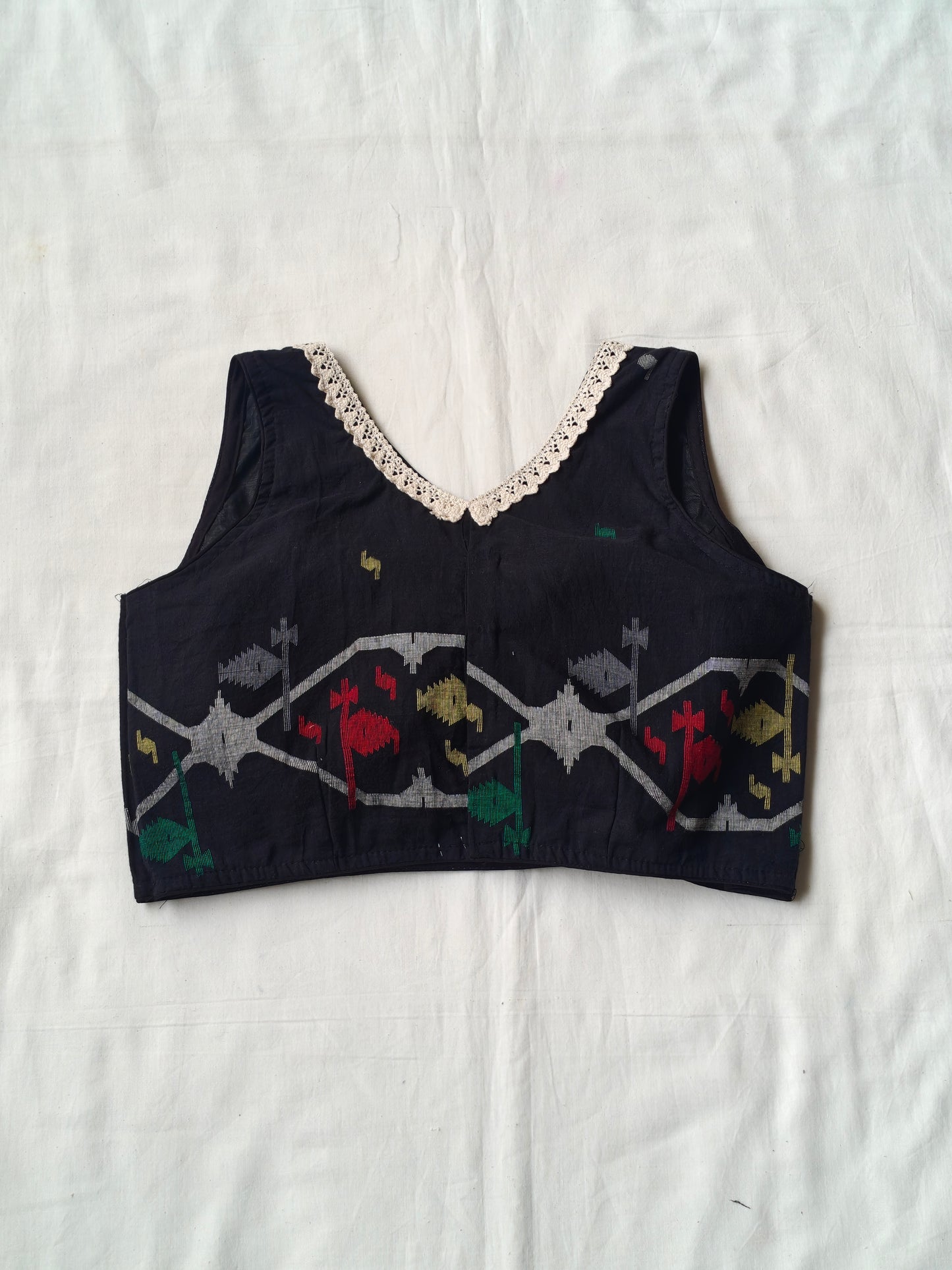 Black jamdani cotton blouse with lace detailing