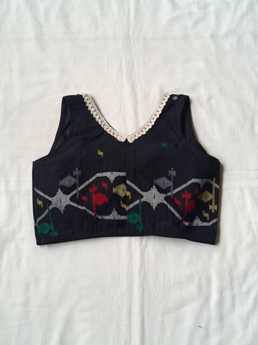 Black jamdani cotton blouse with lace detailing