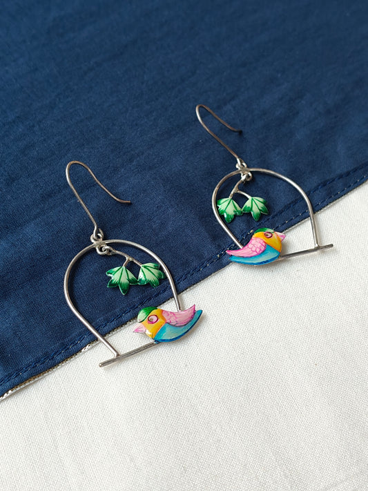 Cage with birds hook earrings in 92.5 sterling silver