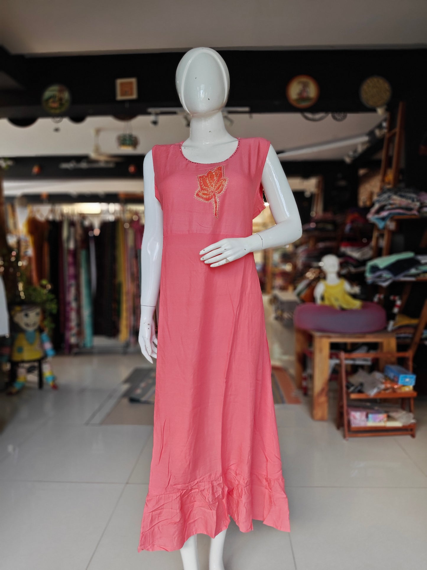 Peach with flower embroidery long dress