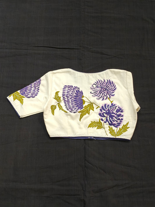 White elbow sleeved blouse with purple flowers embroidered back and sleeves - front open