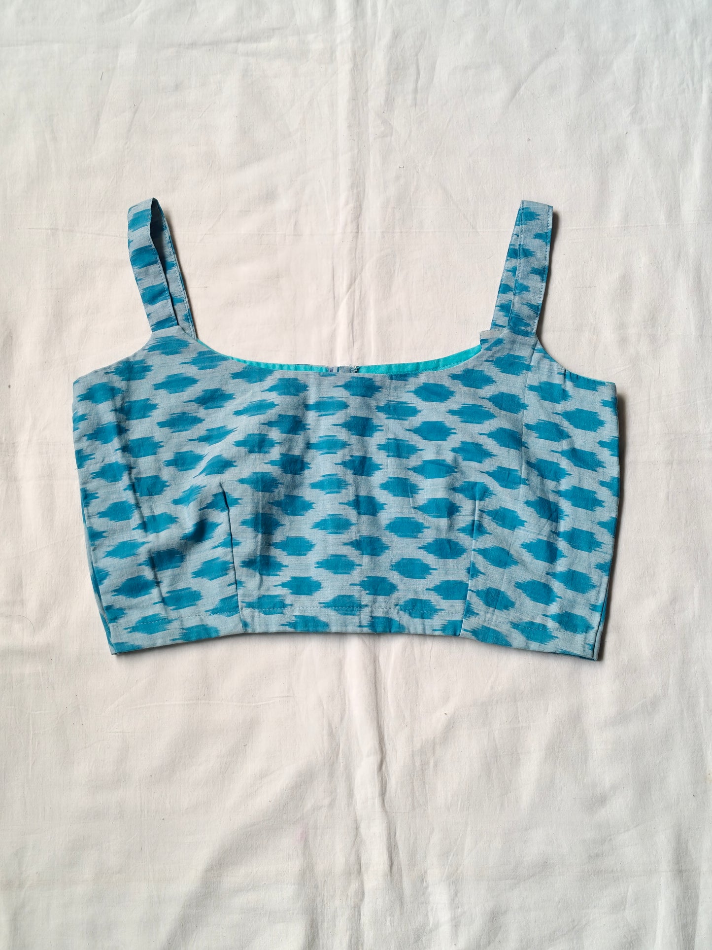 Blue mercerized cotton ikat sleeveless handloom blouse