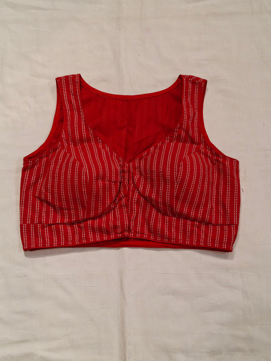 Red n white striped jamdani sleeveless cotton blouse