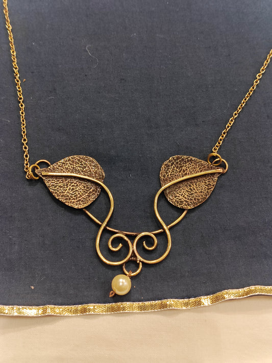 Two leaves with a pearl drop chain necklace - handcrafted in copper and brass
