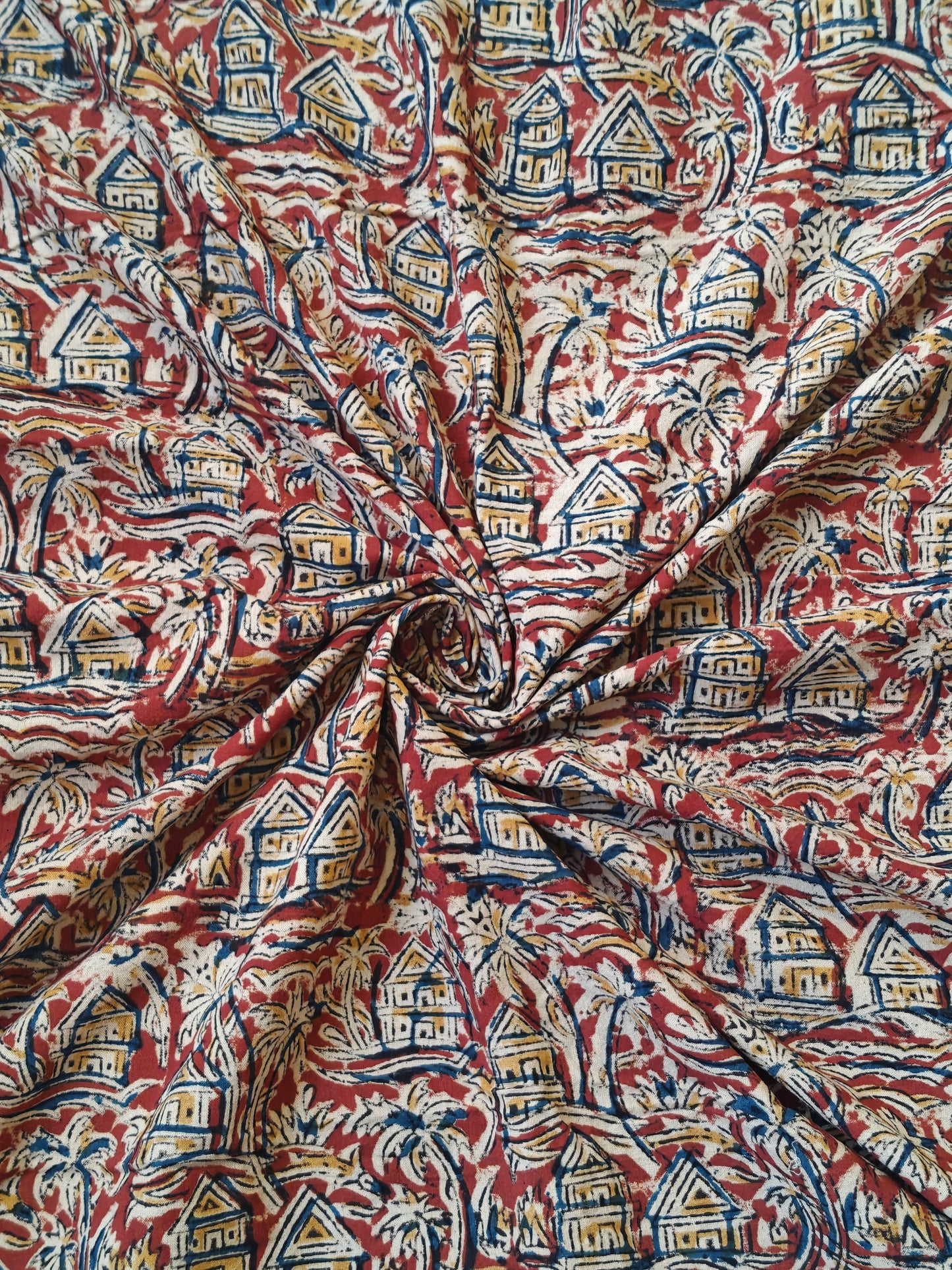 Maroon houses n trees handblock printed Kalamkari cotton fabric