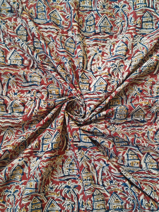 Maroon houses n trees handblock printed Kalamkari cotton fabric