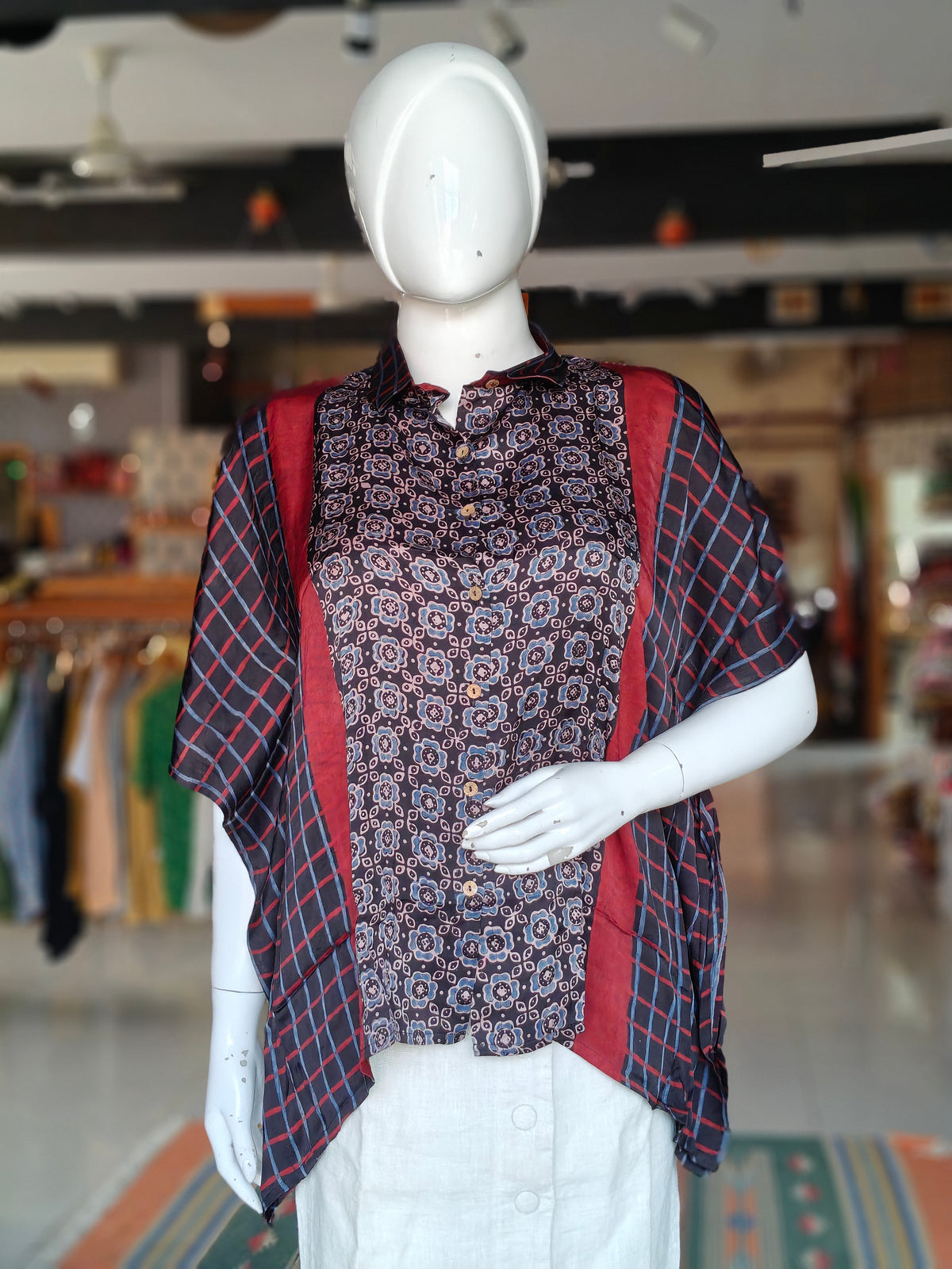Modal Ajrakh shirt style kaftan top with hand block prints - click to see color options