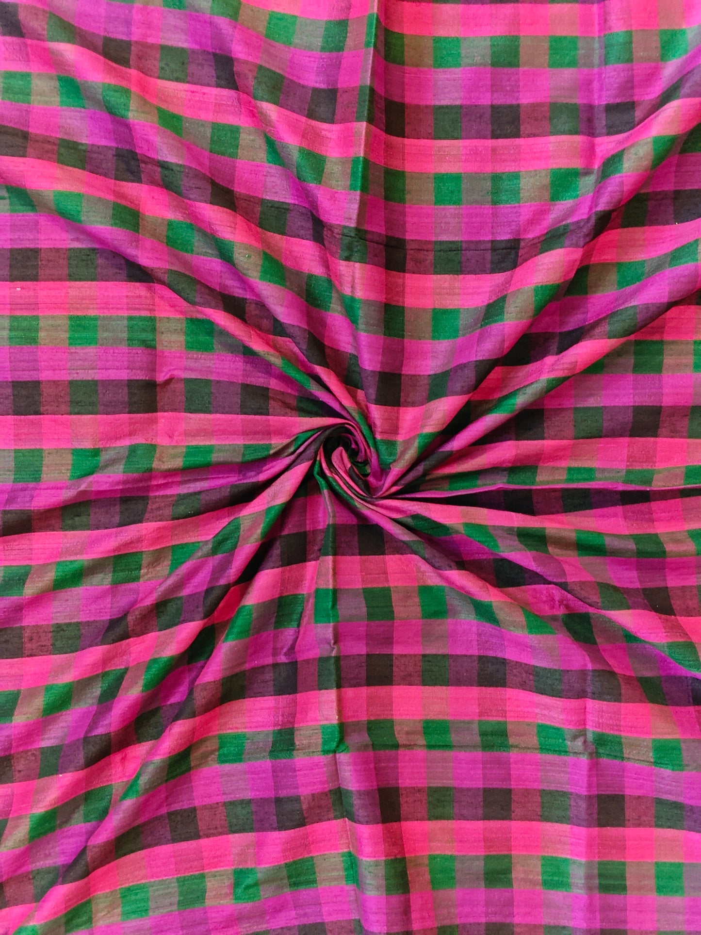 Pink, purple and green checkered handloom silk unstitched blouse piece