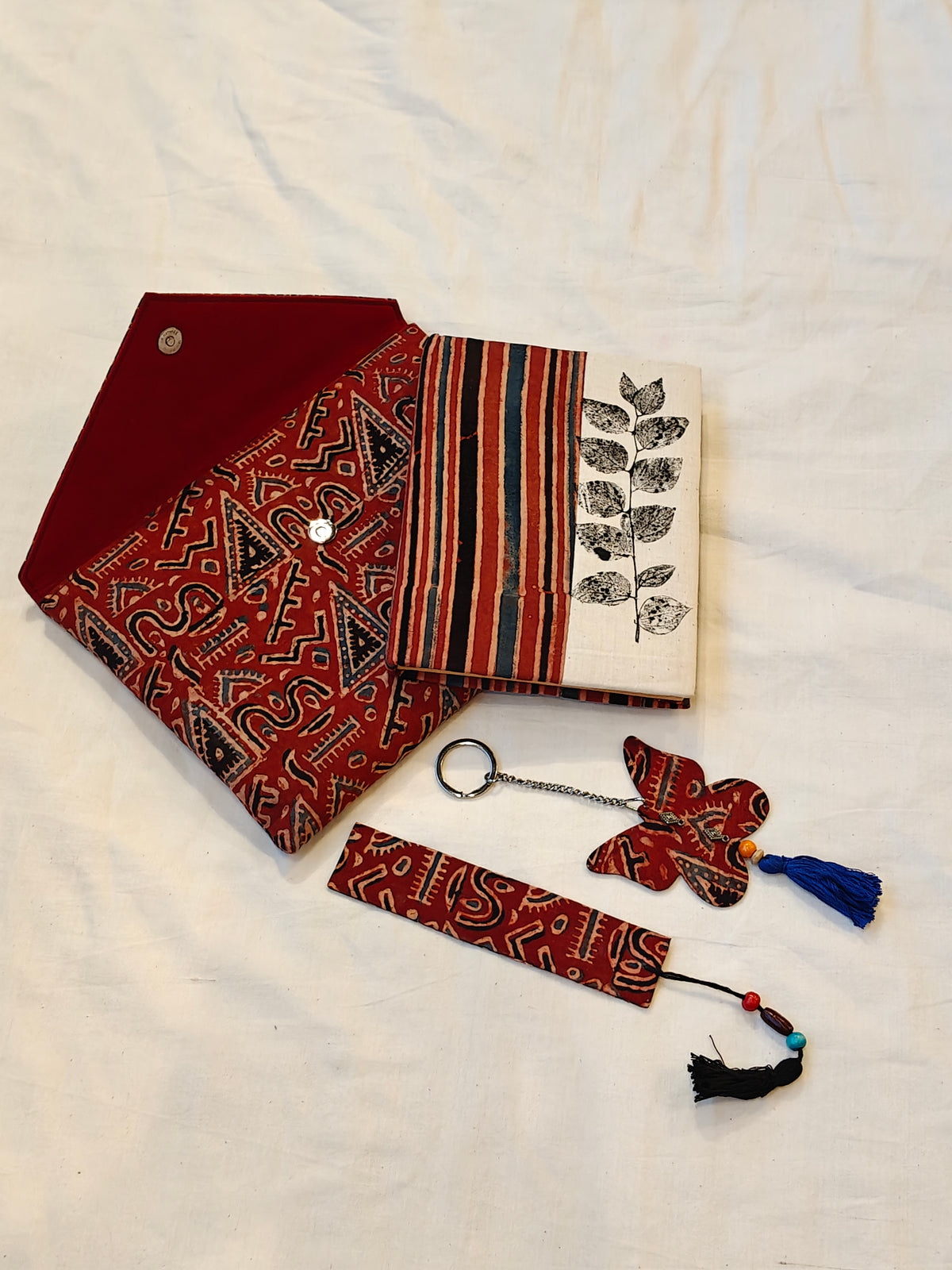 Handmade paper notebook with eco leaf printed fabric cover, hand crafted bookmark, key ring / charm and a container pouch - 4 piece gift set