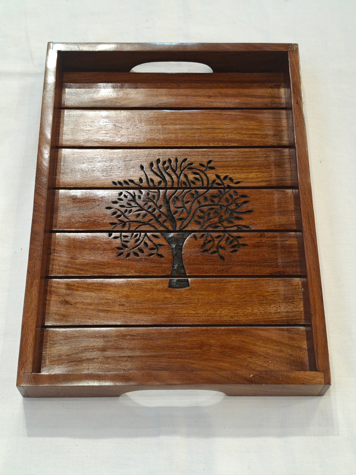 Engraved tree design wooden handcrafted tray - 14 x 10 inches