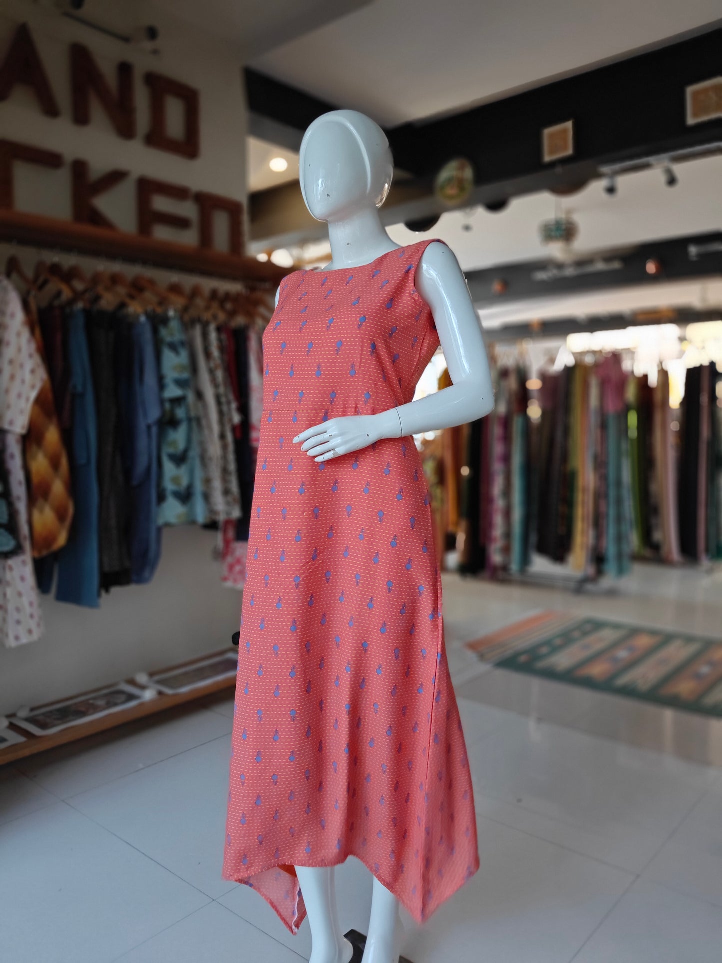 Peach with blue floral prints assymetric hem georgette dress