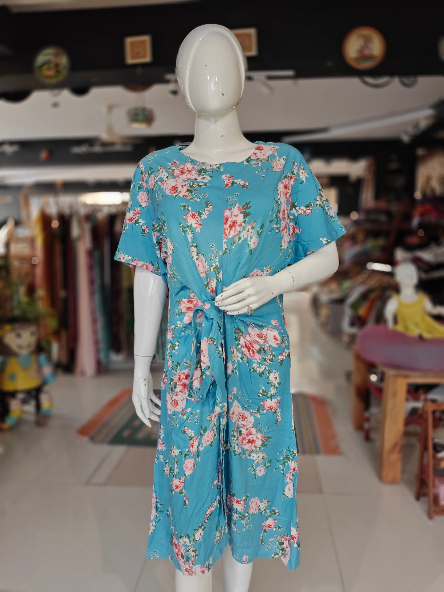 Blue with pink floral printed front tie up rayon dress