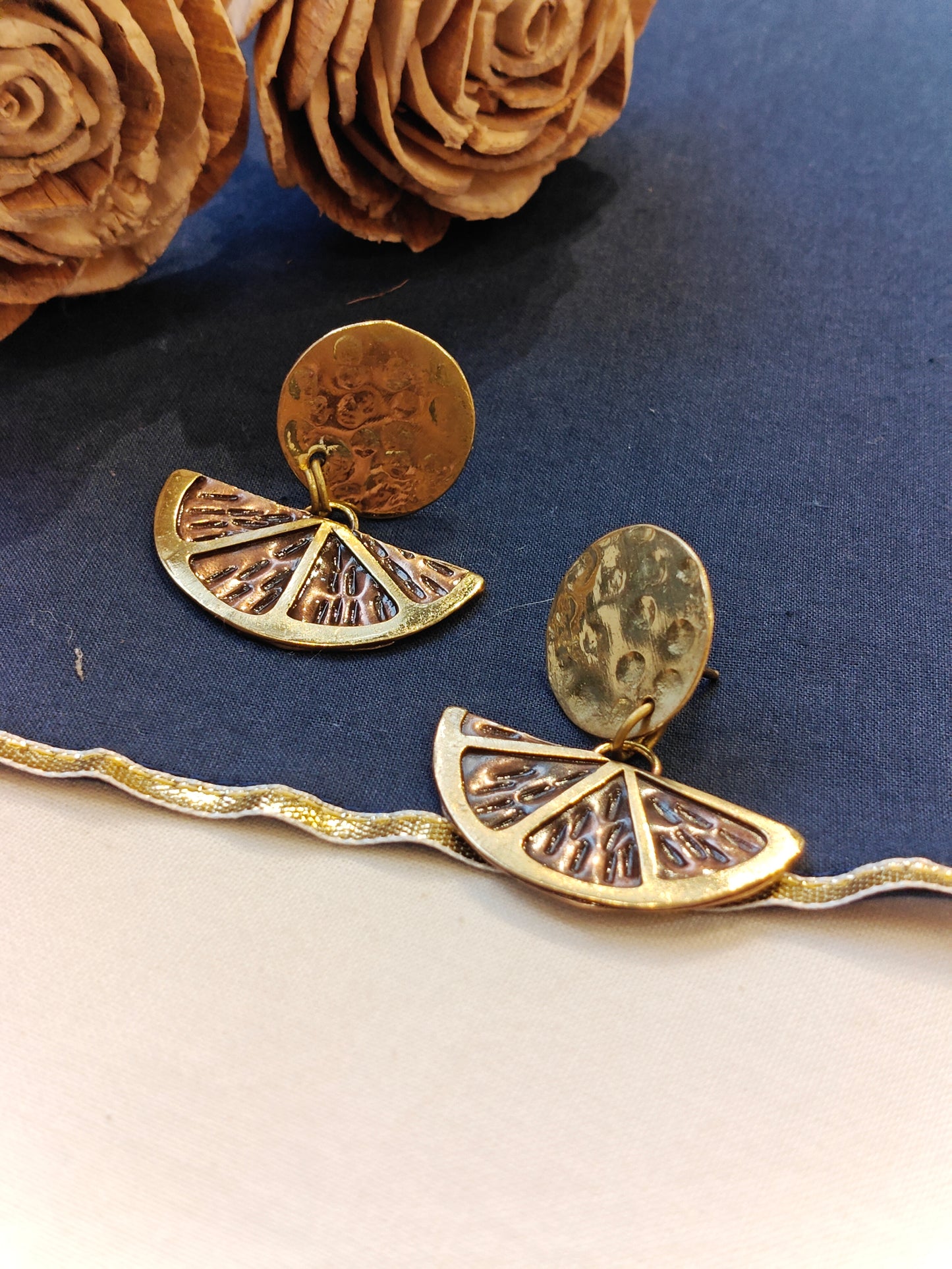 Citrus slice design with circle handcrafted copper brass stud earrings