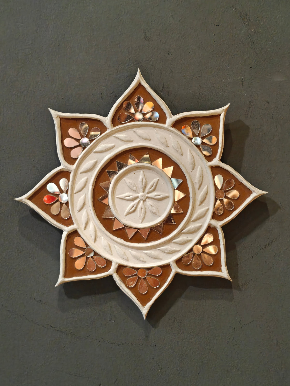 White n brown flower shaped lippan mud art mirror work handmade wall plate