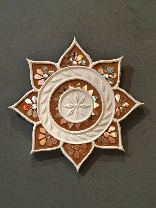 White n brown flower shaped lippan mud art mirror work handmade wall plate