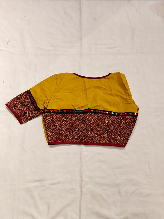 Mustard yellow with maroon ajrakh printed sleeved cotton blouse