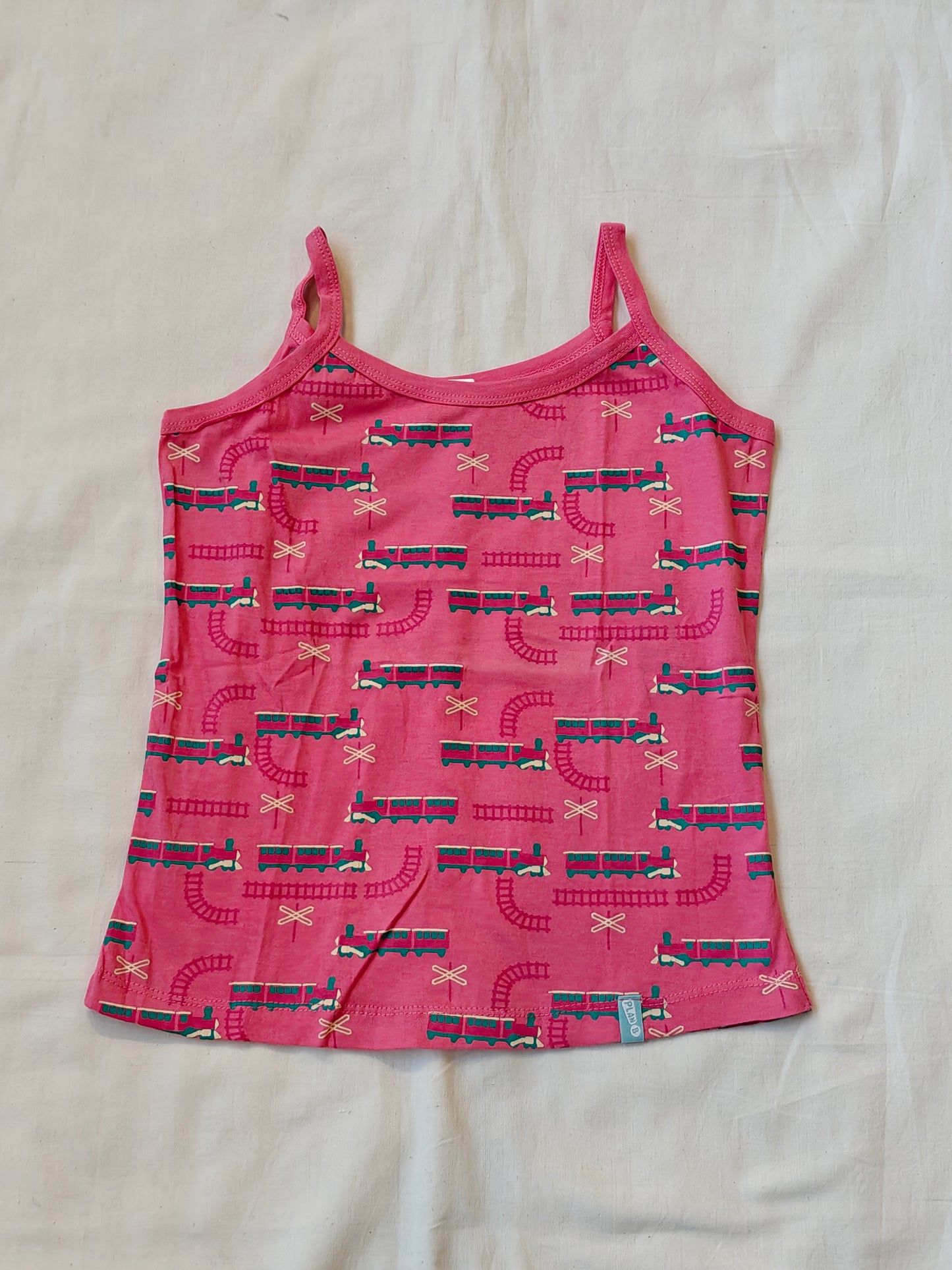 Pink railways printed cotton girl's sleeveless top