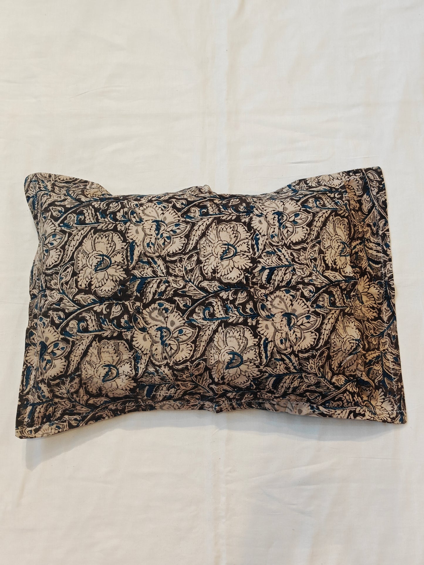 Dark brown, blue and beige floral han Kalamkari hand block printed cotton pillow cover