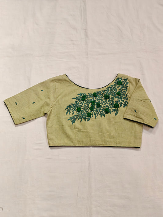 Light green cotton half sleeves blouse with green leaf embroidery back