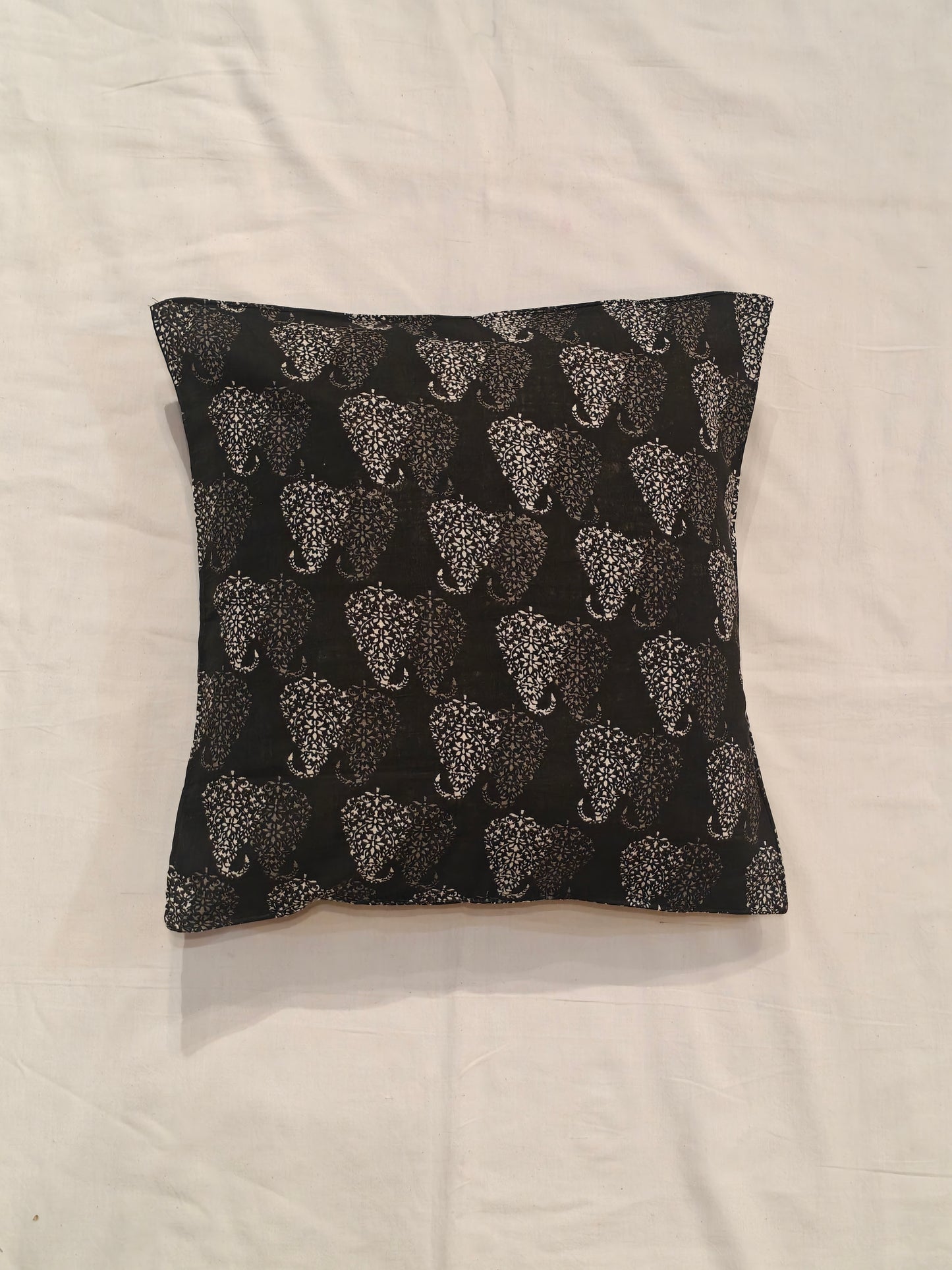 Black with silver and grey butis handblock printed cushion cover