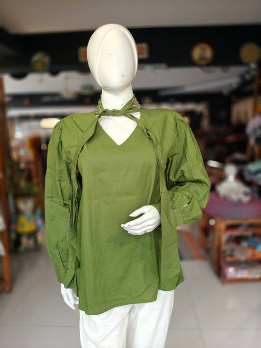 Green cotton top with embroidered collar and long sleeves
