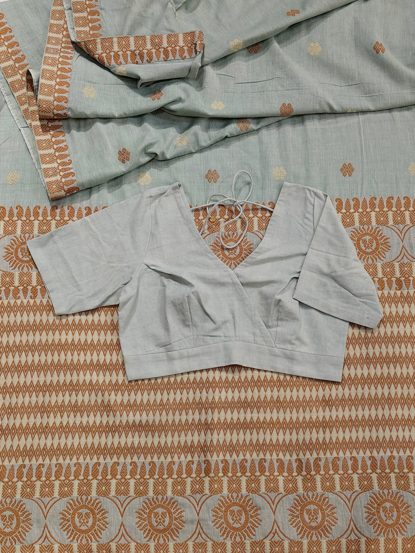 Hand spun , hand woven cotton V-neck blouse with back dori - colour options available