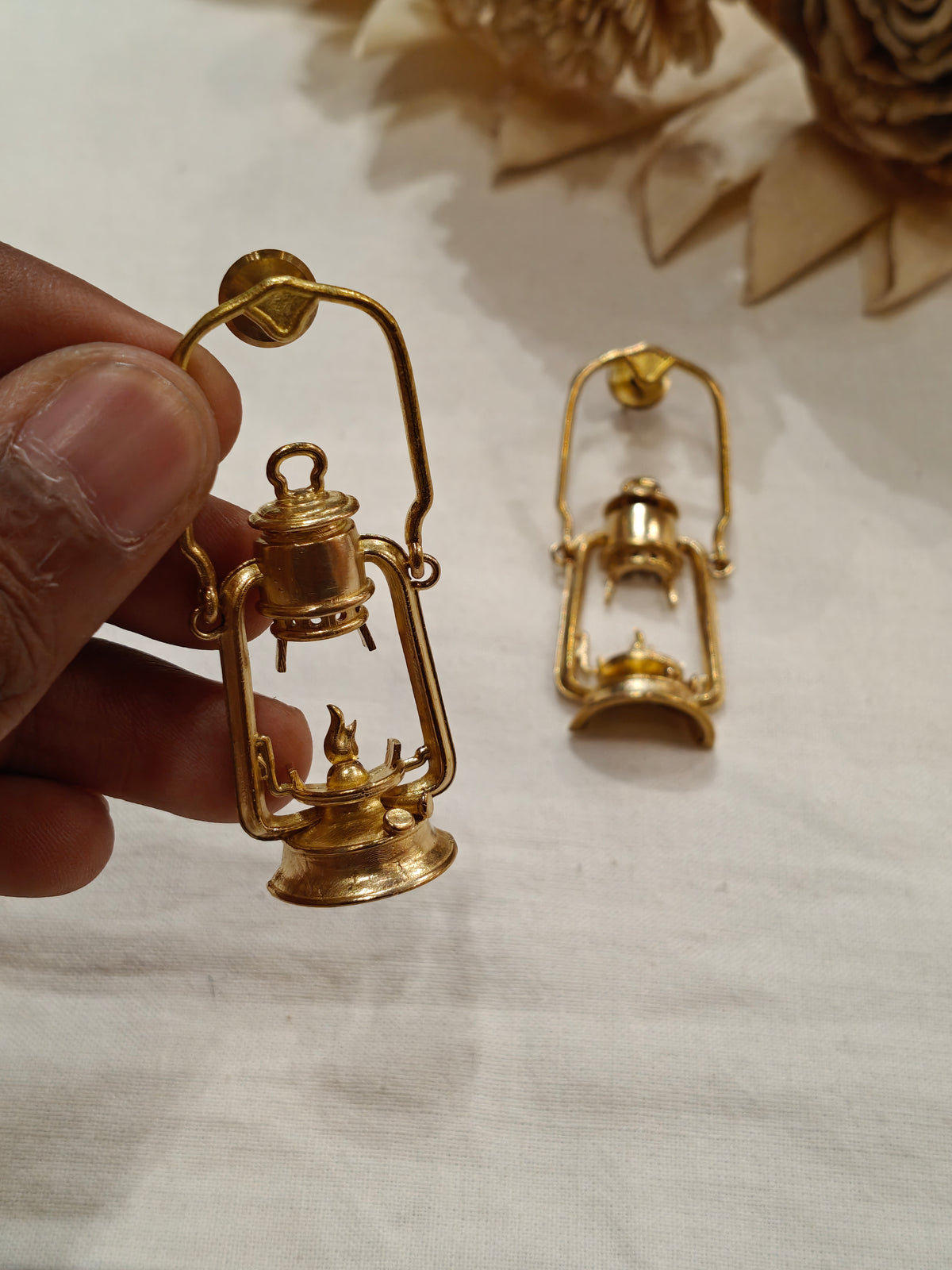 Lantern design brass drop earrings