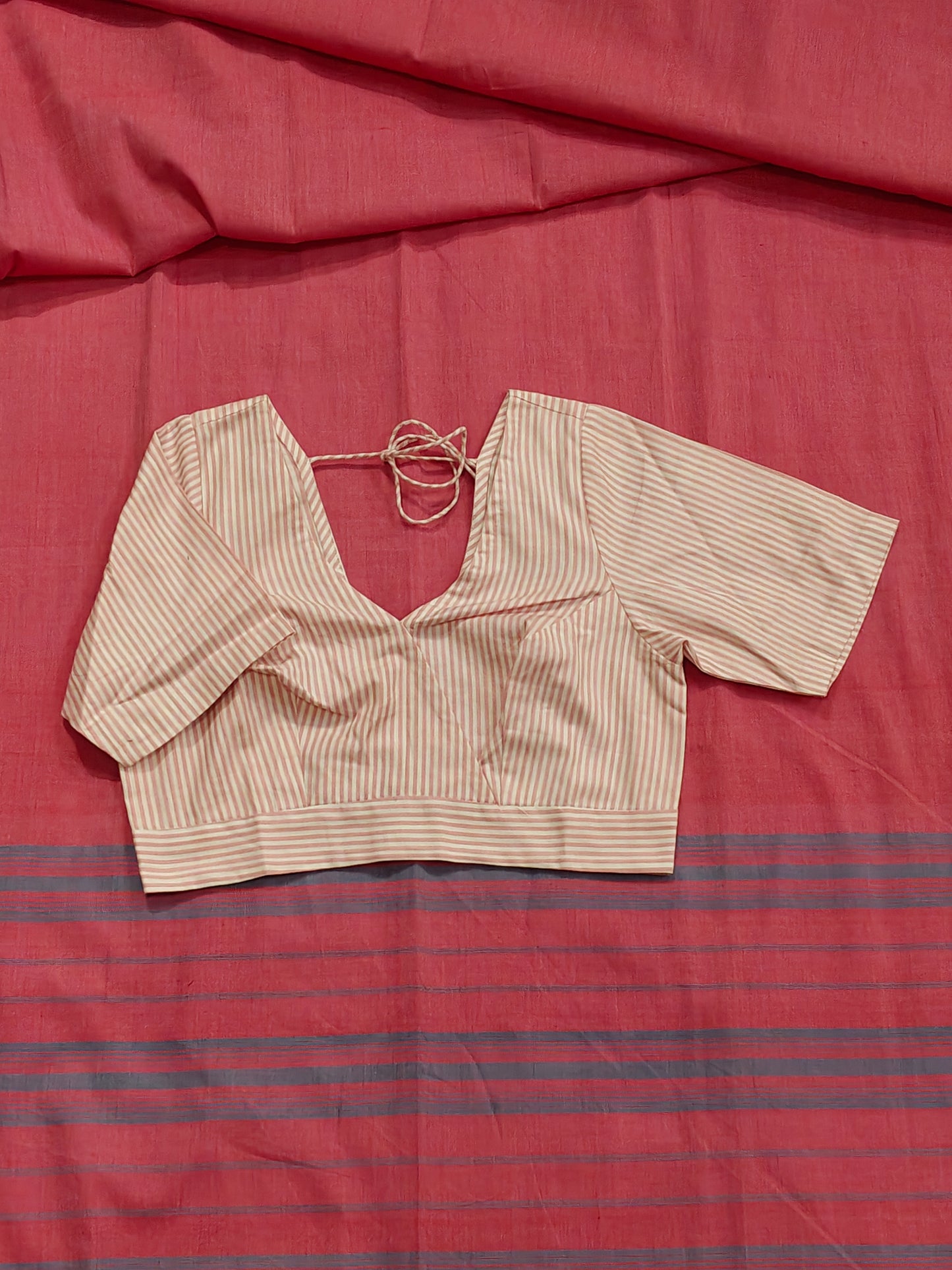 Hand spun , hand woven cotton V-neck blouse with back dori - colour options available