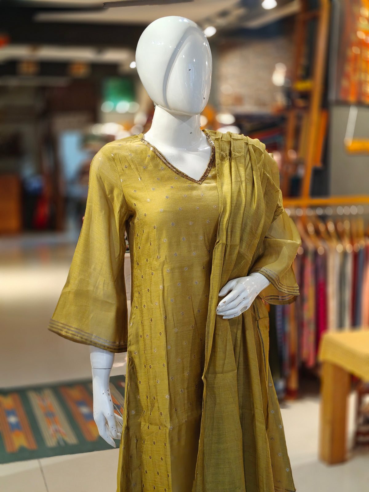 Mustard yellow mul chanderi silk 3 piece set: a-line kurti, pants n dupatta