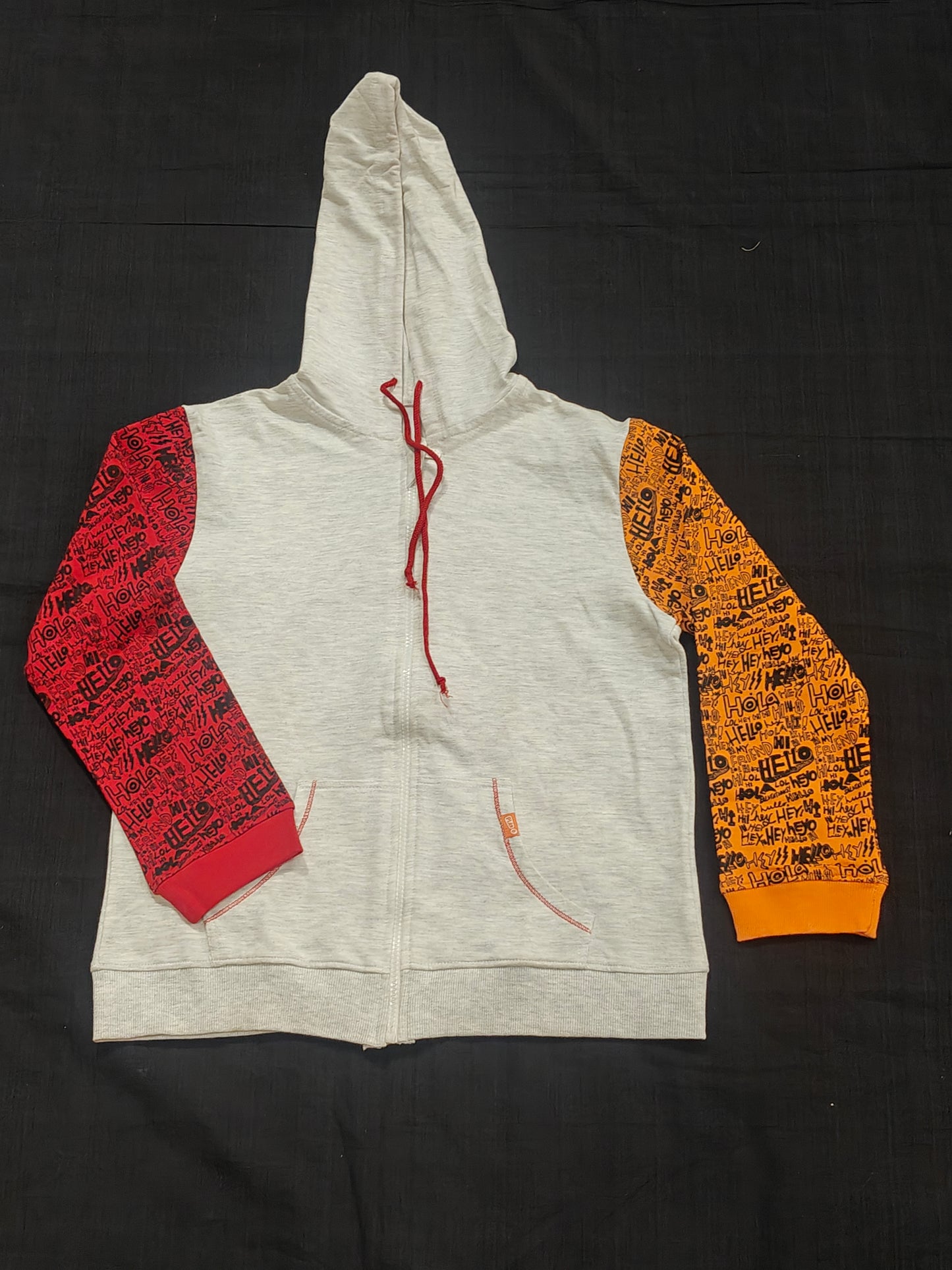 Grey hoodie for kids with graffiti prints on sleeves