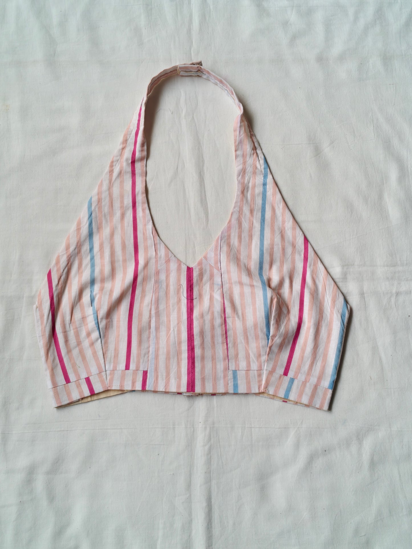 Peach and white stripes halter neck cotton blouse