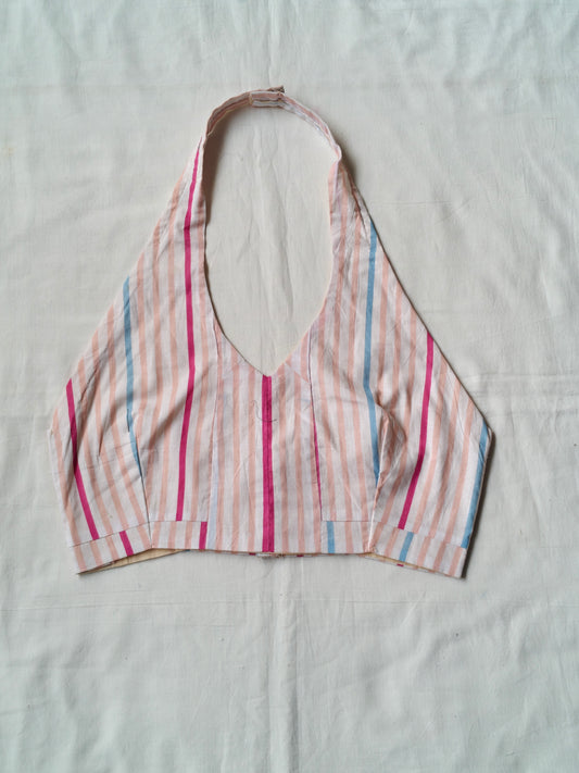 Peach and white stripes halter neck cotton blouse