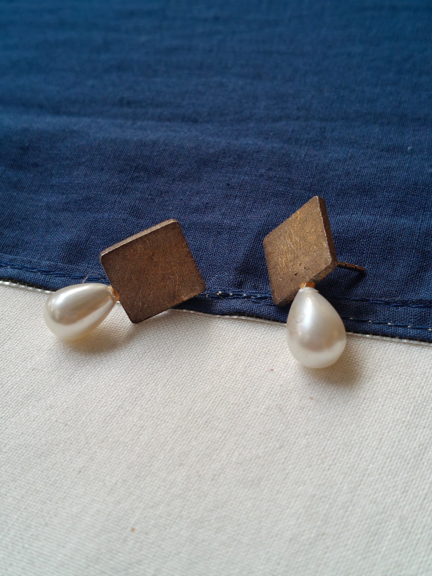 Square shaped matt finish gold earrings with pearl drop in 92.5 Sterling silver