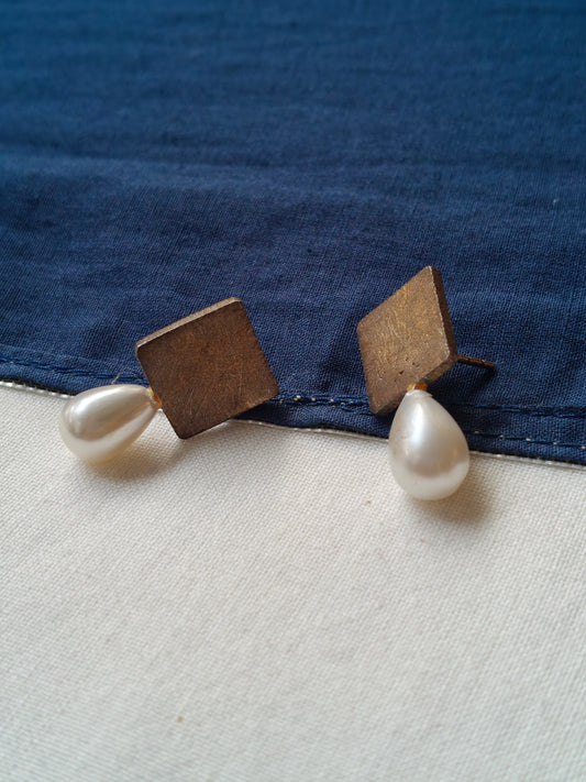 Square shaped matt finish gold earrings with pearl drop in 92.5 Sterling silver