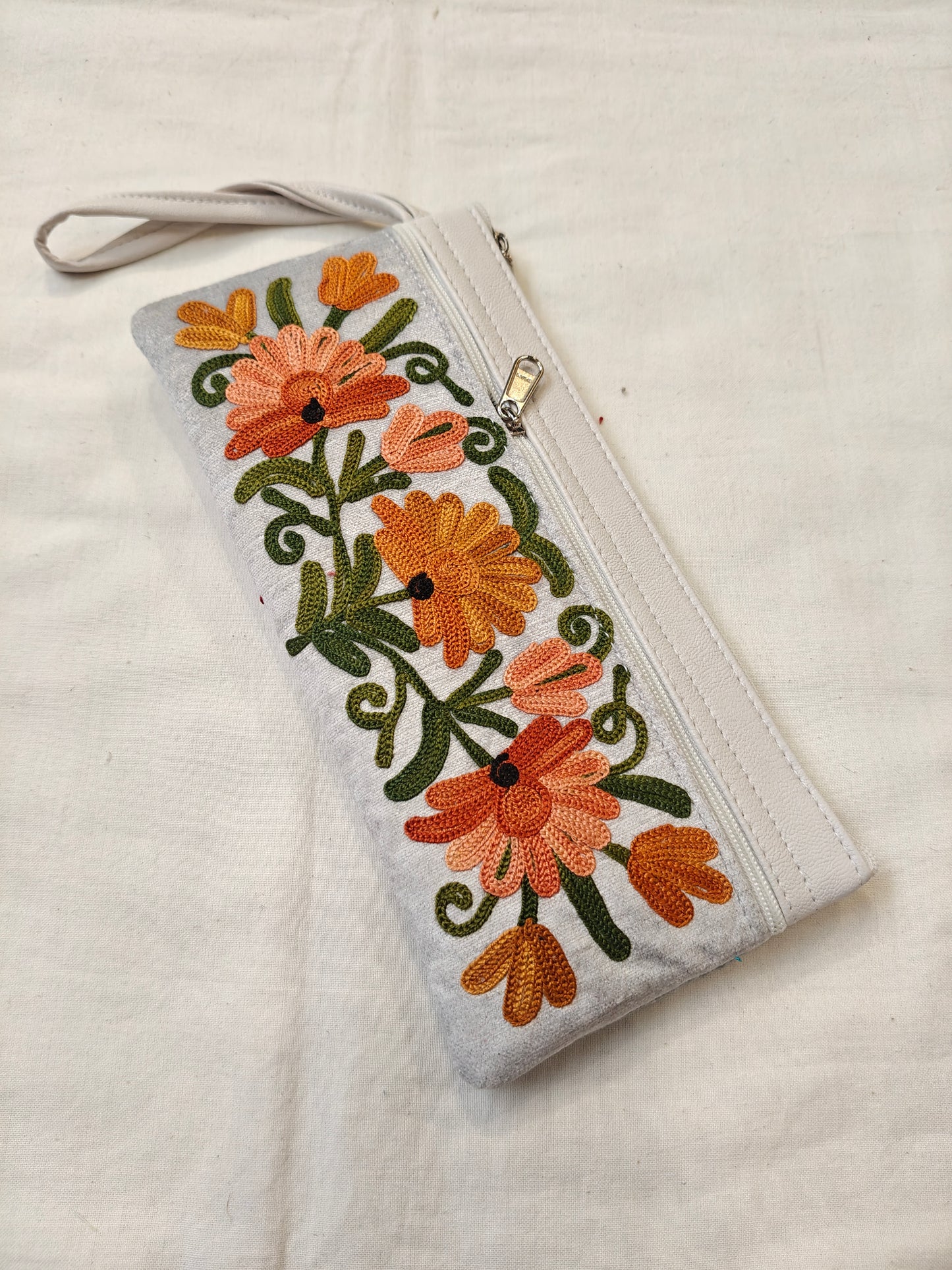 Wristlet pouch featuring Kashmiri floral Aari embroidery - 3 zippers