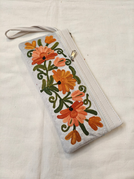 Wristlet pouch featuring Kashmiri floral Aari embroidery - 3 zippers