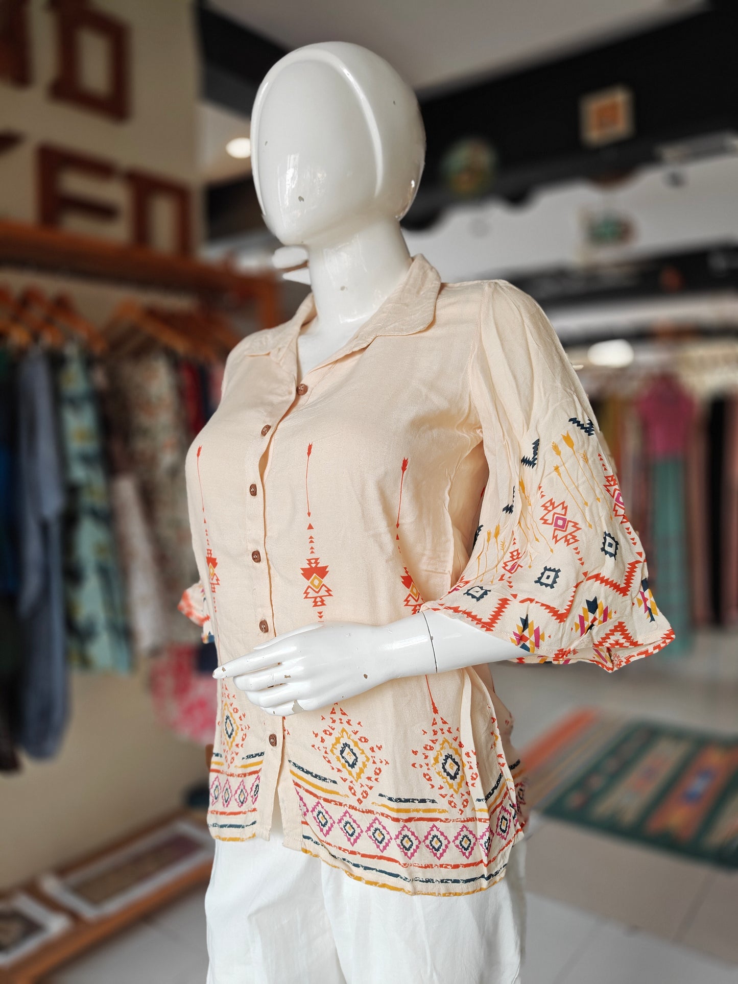 Beige with colorful geometric printed flared sleeves rayon shirt