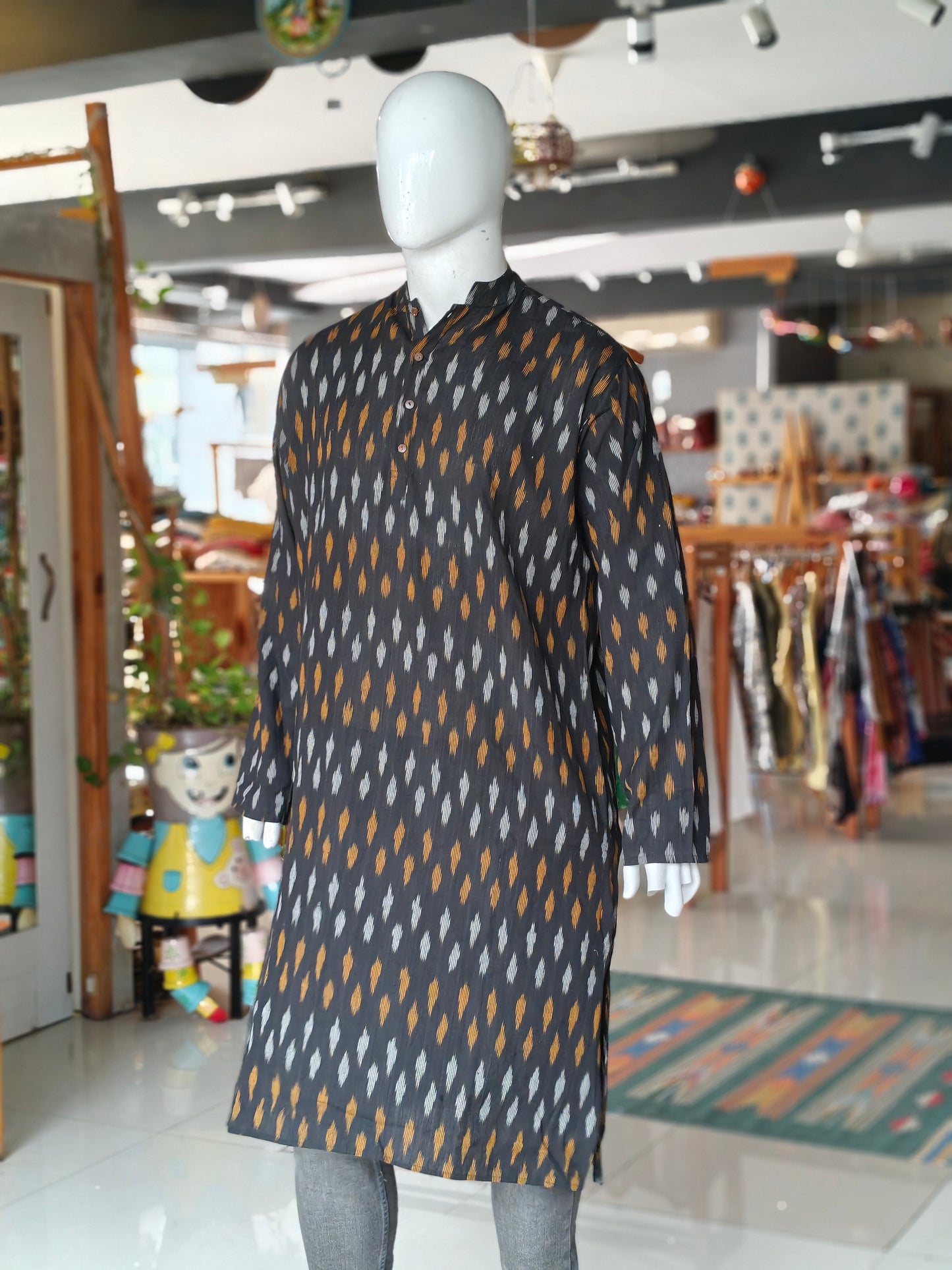 Black and yellow ikat full sleeves long kurta for men