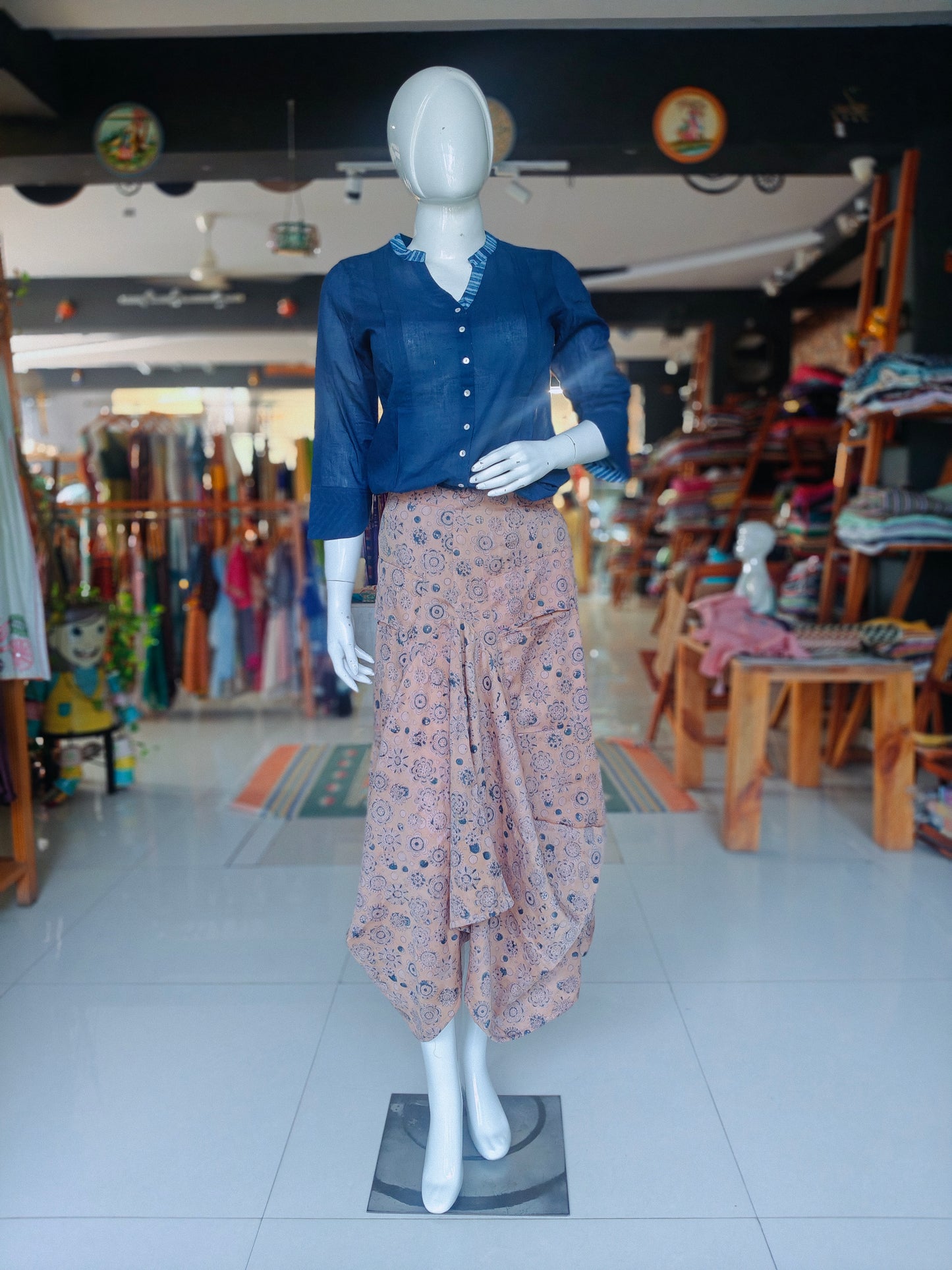 Beige with blue floral Kalamkari hand block printed cotton satin designer cowl skirt - with pockets