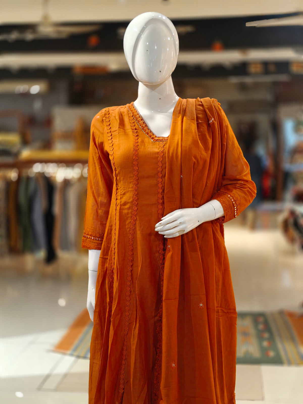 Rust Orange mul chanderi silk 3 piece set: a-line kurti, pants n dupatta