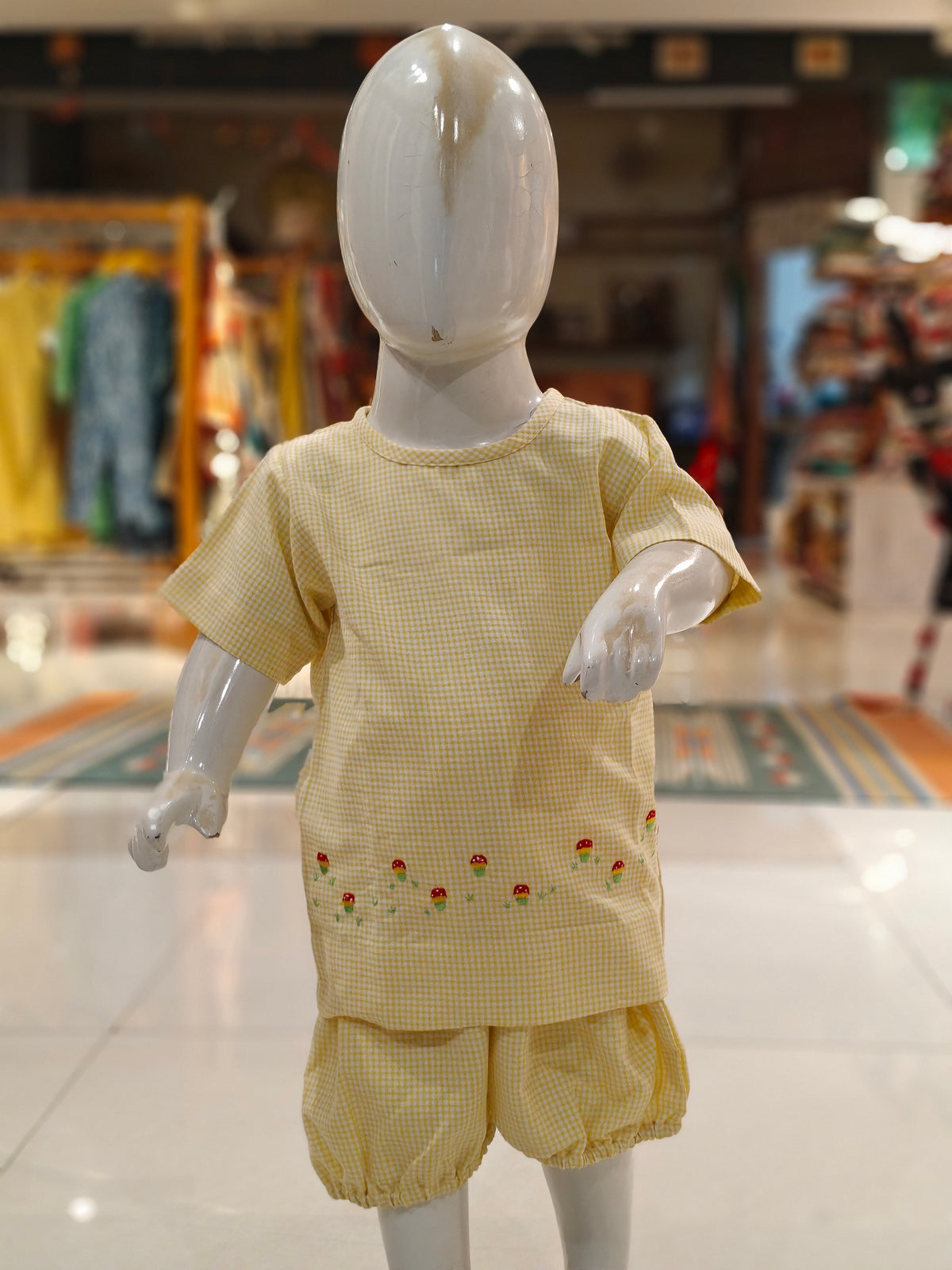 Yellow n white checks cotton short sleeved mushroom embroidered top and bloomers/ shorts - co-ord set