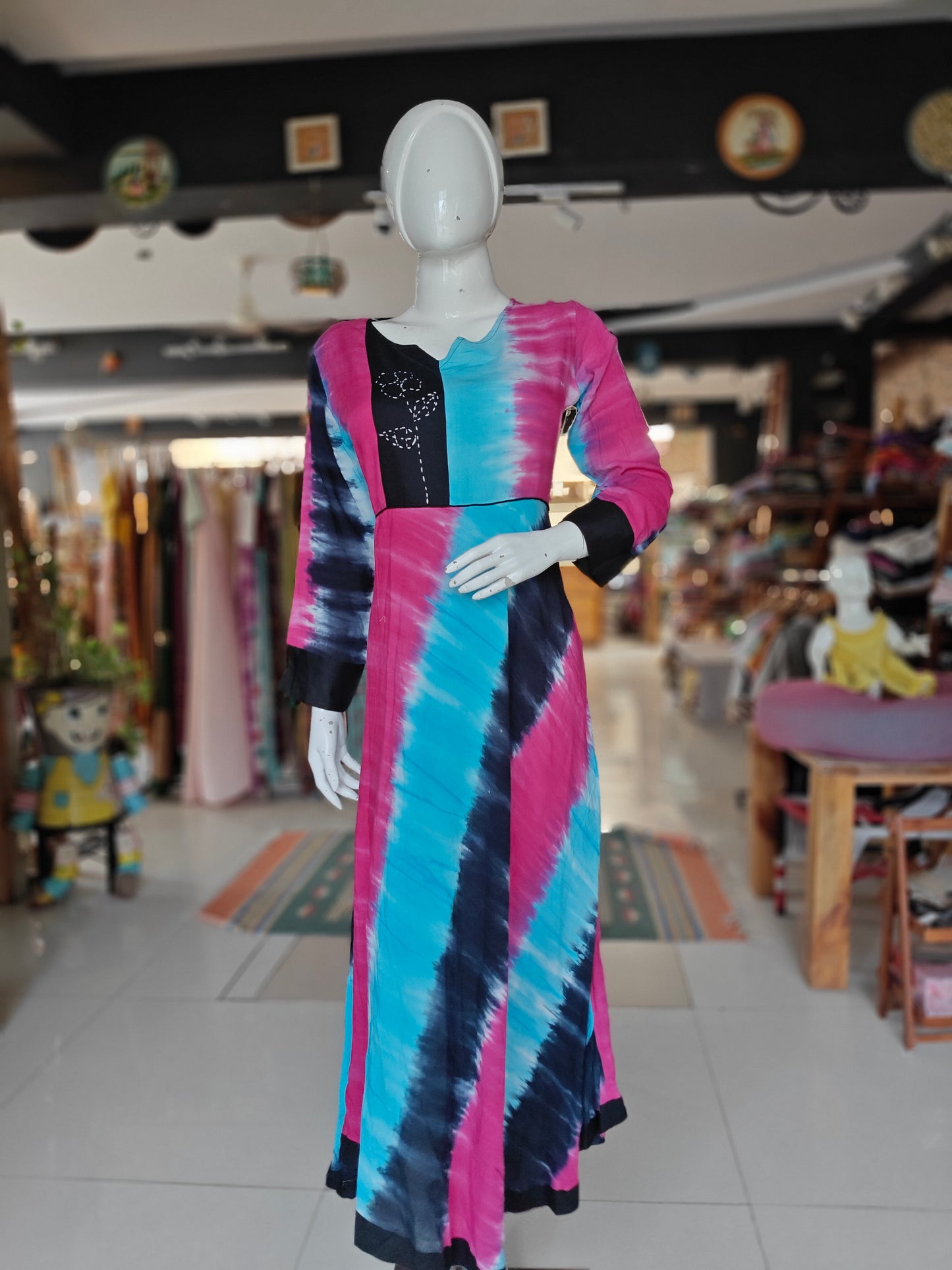 Pink, blue and black tie and dye rayon embroidered dress