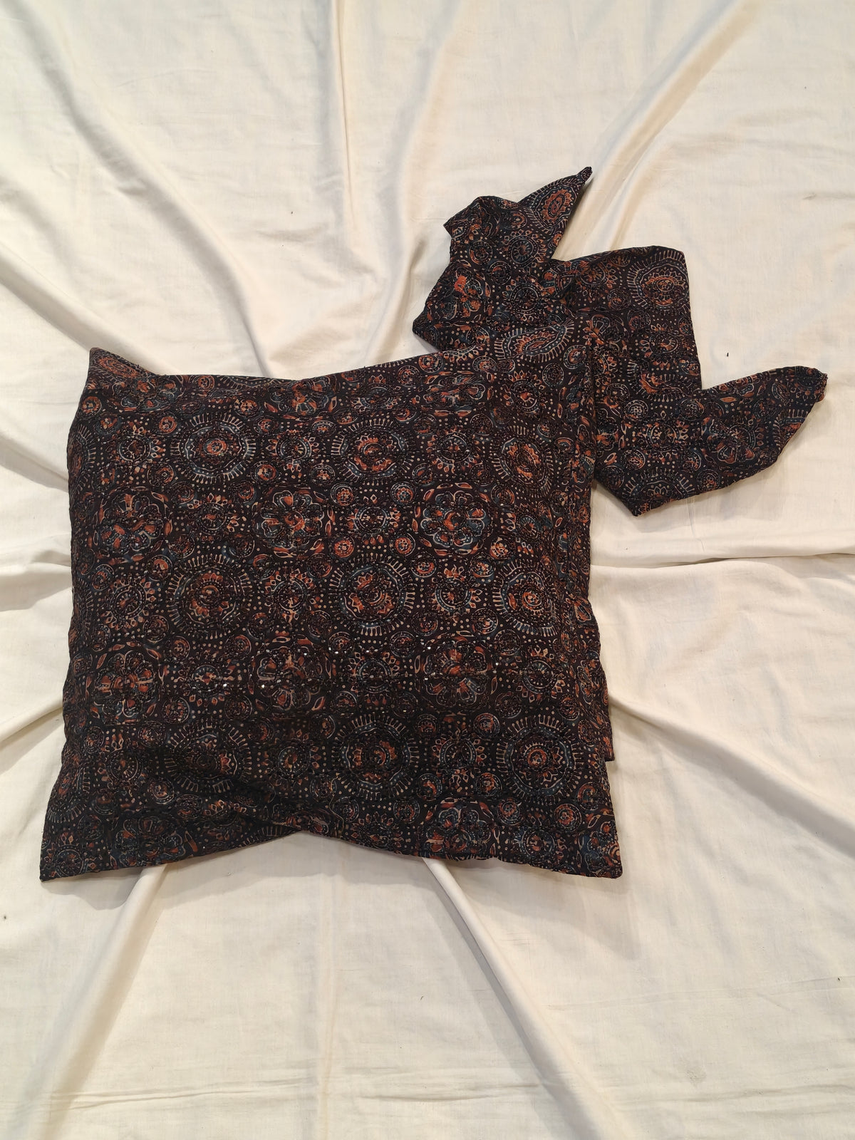 Black Ajrakh hakoba cotton cushion cover : 20 x 20 inches size