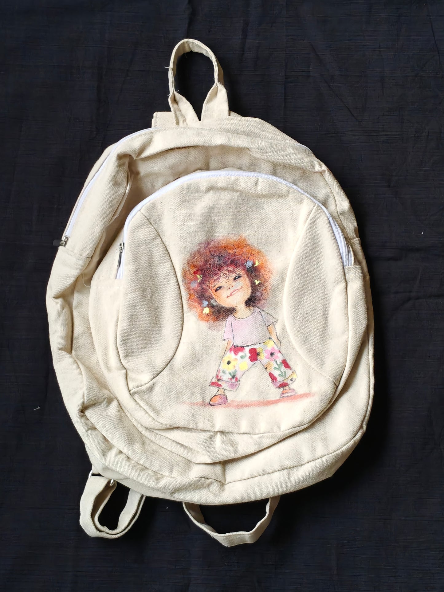 Little girl hand painted Off white canvas backpack with multiple compartments
