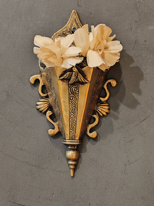 Brass wall pocket featuring intricate traditional engravings - wall decor cum organizer