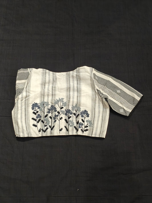 White and grey jamdani handloom cotton blouse with floral embroidered back