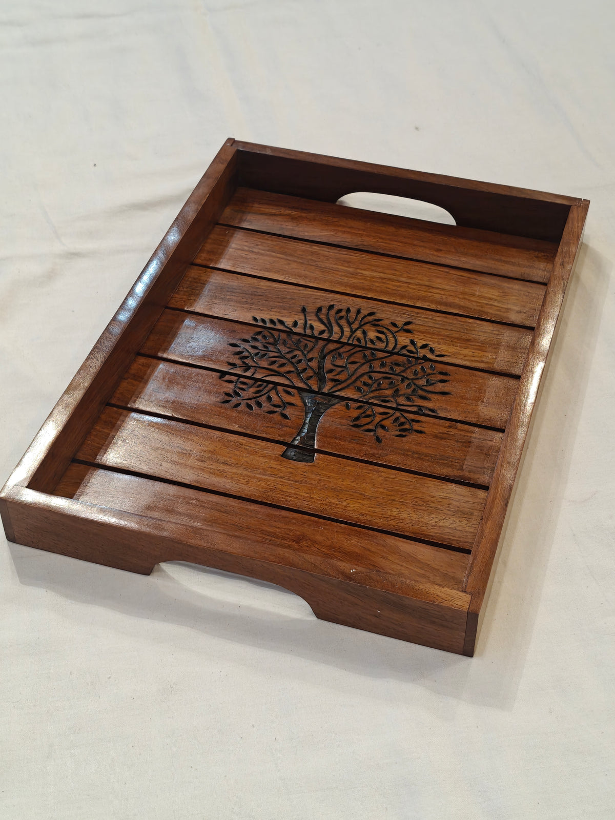 Engraved tree design wooden handcrafted tray - 14 x 10 inches
